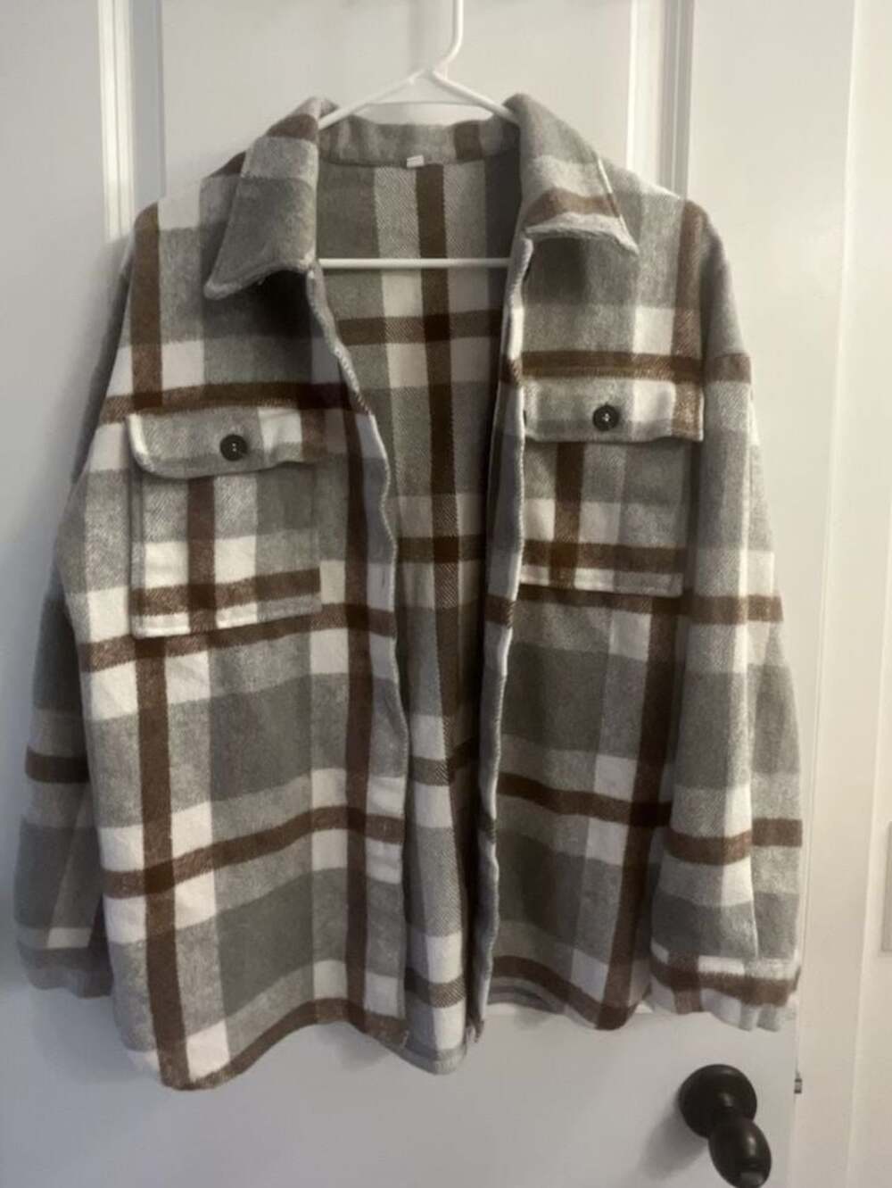 Women's Grey and Brown Plaid Flannel Button-Up Shacket Jacket
